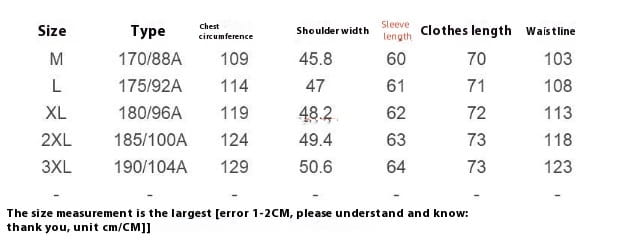 The image shows a size measurement table for a men’s casual linen suit jacket with dimensions for chest circumference shoulder width sleeve length clothes length and waist line in centimeters from size M to 3XL.