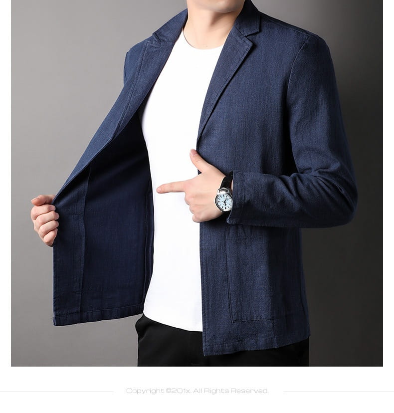 men’s casual linen suit jacket in navy blue featuring a relaxed fit and subtle texture