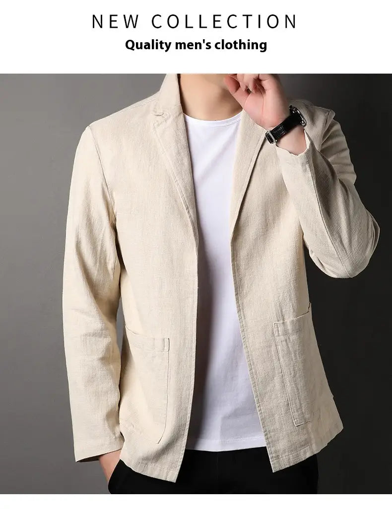 Men’s casual beige linen suit jacket with a relaxed fit and two front pockets.