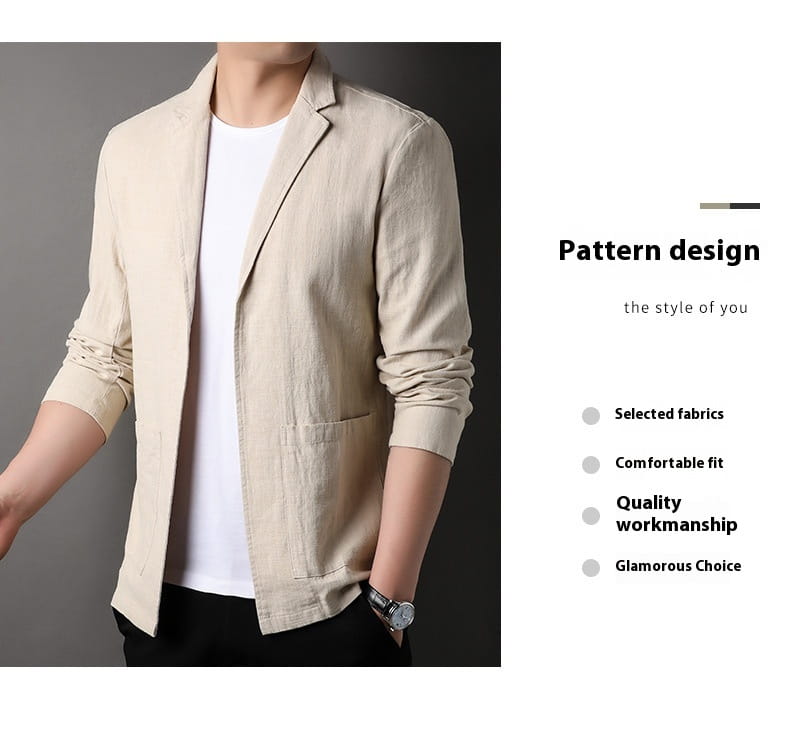Beige linen blazer with rolled-up sleeves and a relaxed fit in a men’s casual linen suit jacket style.