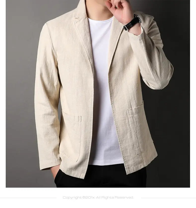 Beige linen men’s casual suit jacket with a relaxed fit and two front pockets.