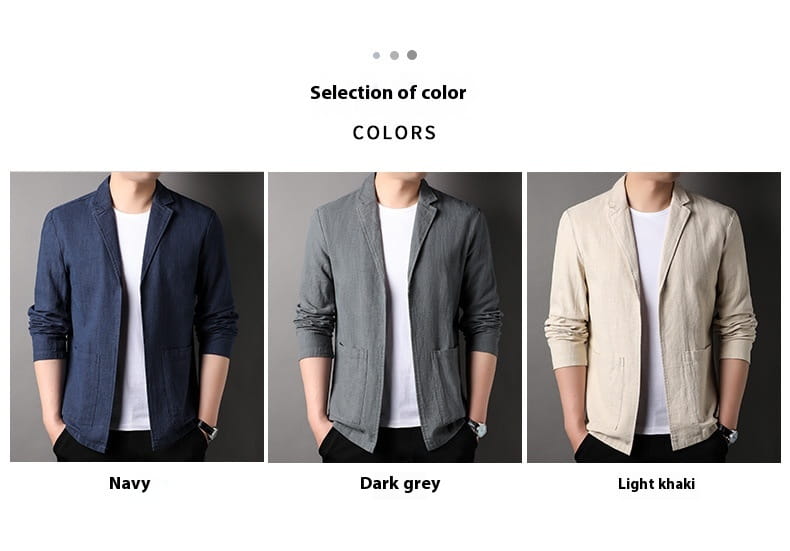 men’s casual linen suit jackets in navy dark grey and light khaki with a casual fit made from breathable linen material.
