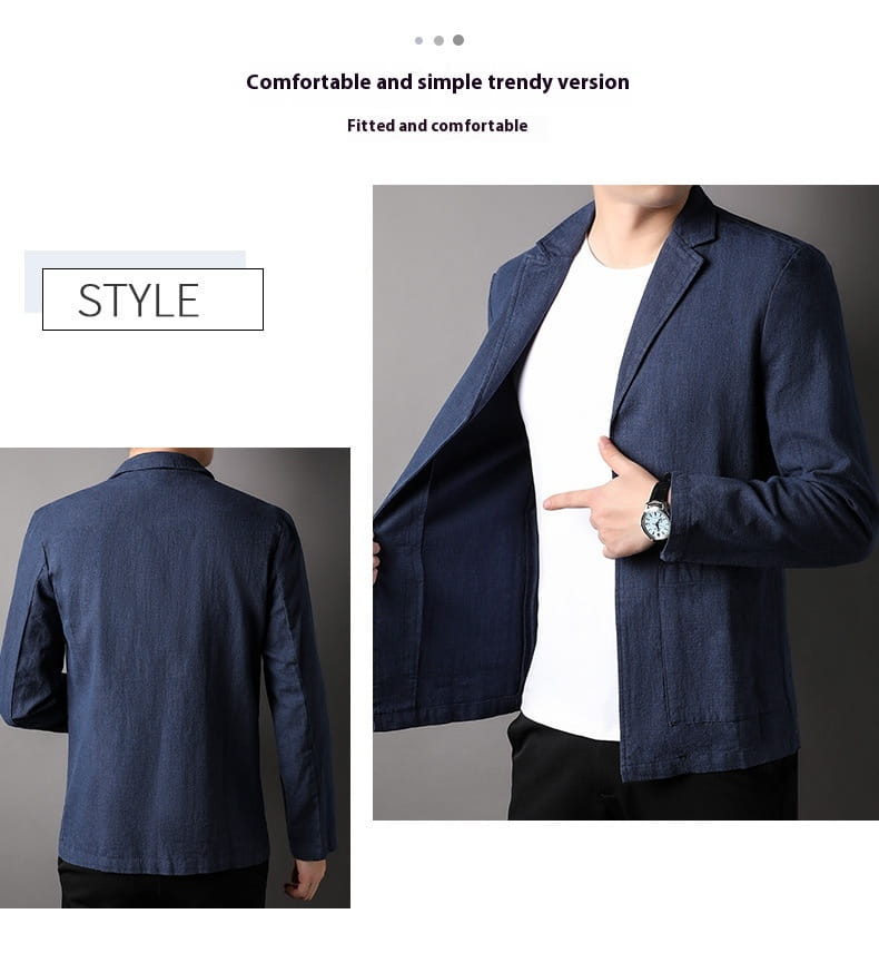 Men’s casual linen suit jacket in navy blue with a relaxed fit and subtle texture.