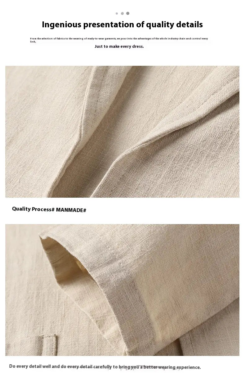 Beige linen men’s casual suit jacket featuring a subtle textured weave and neatly finished seams.