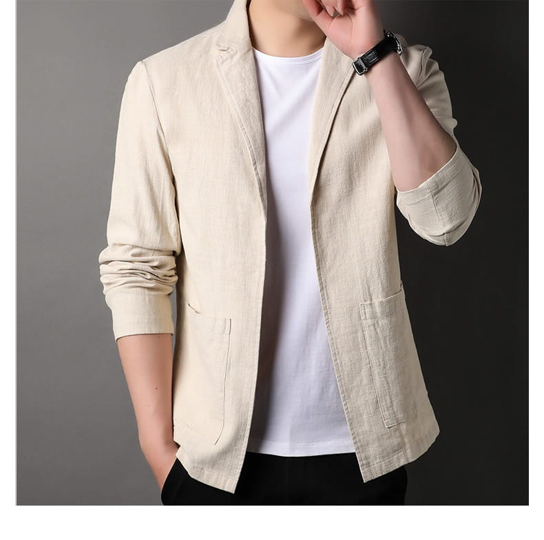 Men’s casual linen suit jacket in beige with a relaxed fit and two front pockets made from linen.