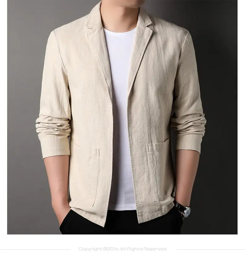 Beige linen-blend men’s casual suit jacket with a relaxed fit and two front pockets.