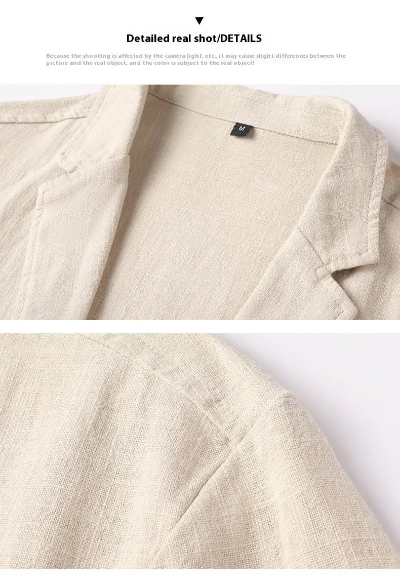 Beige linen men’s casual suit jacket with a subtle textured weave and a small black label at the collar.