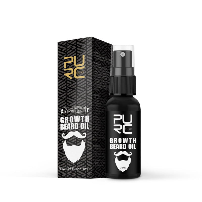 Schwarze Sprühflasche mit reinem Bartwachstumsöl mit weißem Schnurrbart- und Bart-Logo neben passender schwarzer Box mit goldenen Schriftzügen für das Bartwachstums-Flüssigkonzentrat reines, nährendes Öl-Spray.