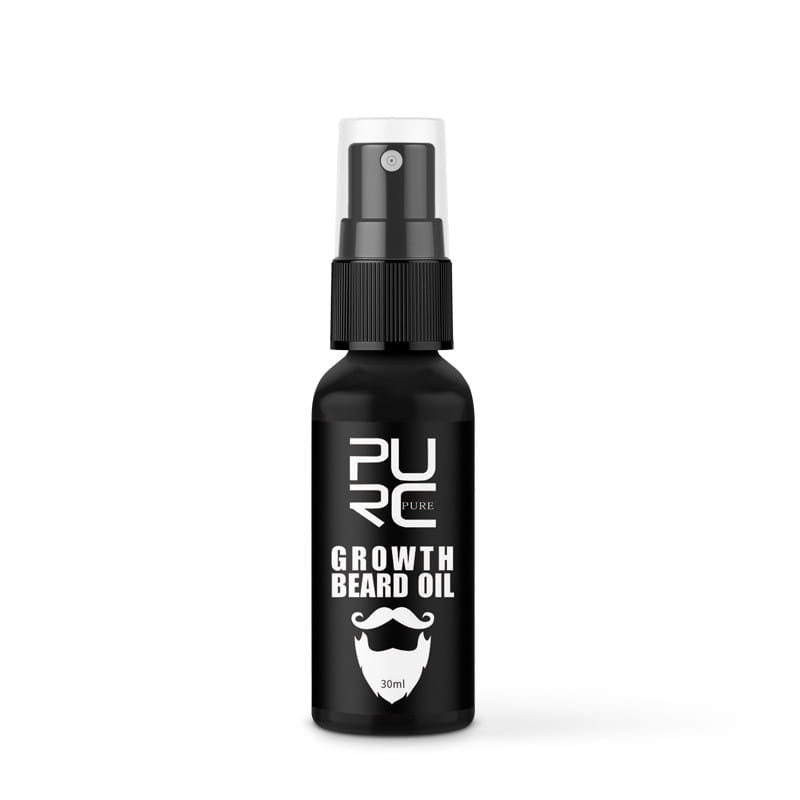 Schwarze Sprühflasche mit reinem Bartwachstumsöl 30 ml zur nährenden und fördernden Bartwachstumswirkung im Produkt „Beard Growth Liquid Pure Nourishing Oil Spray“.
