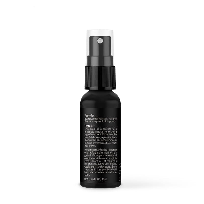 Schwarze Sprühflasche mit schwarzer gerippter Kappe und klarem Auslass, beschriftet mit Bartöl für Haarwachstum im Bartwachstums-Flüssigkonzentrat reines, nährendes Öl-Spray.