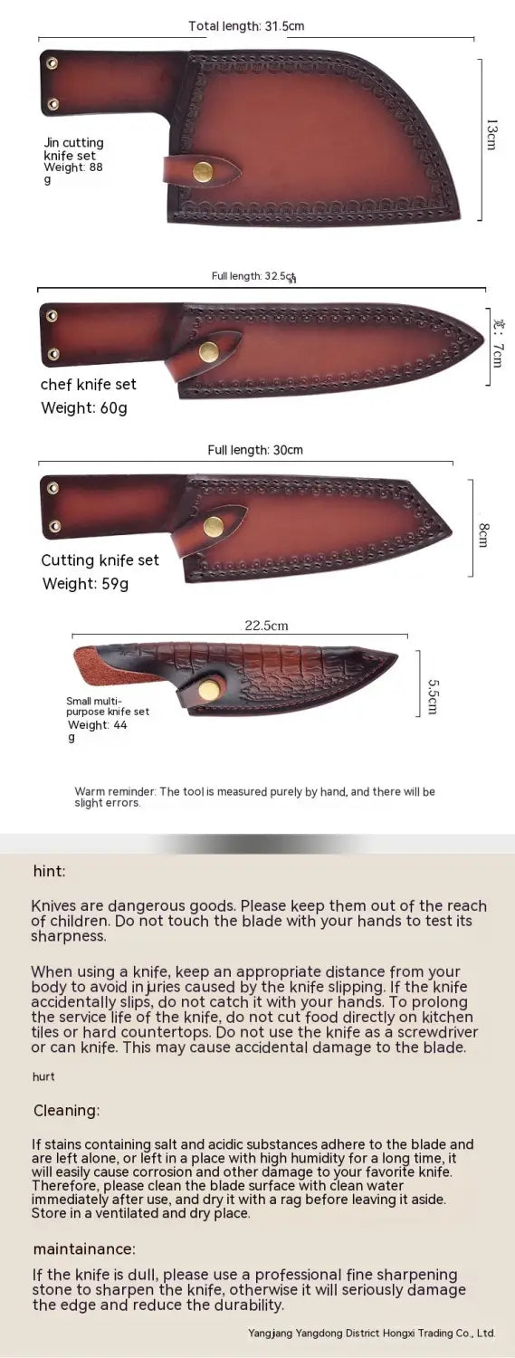 Ensemble de couteaux de chef en acier inoxydable martelé à manche noir, en cinq pièces, comprenant un étui en cuir brun pour un rangement sûr.