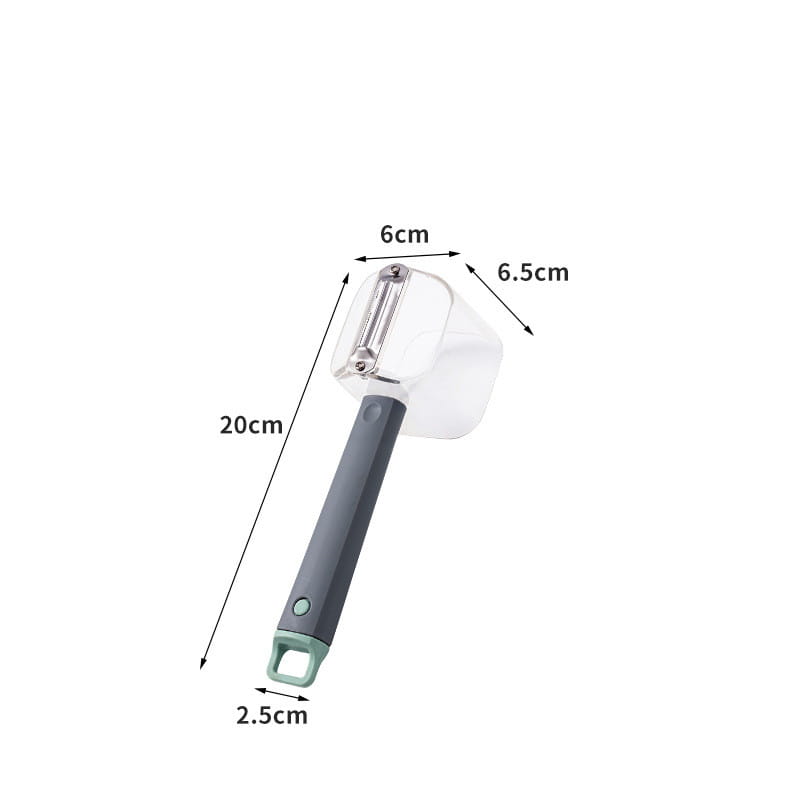 Éplucheur de légumes en acier inoxydable avec une poignée gris mat et un corps en plastique transparent, doté d’un mécanisme de lame en acier inoxydable.