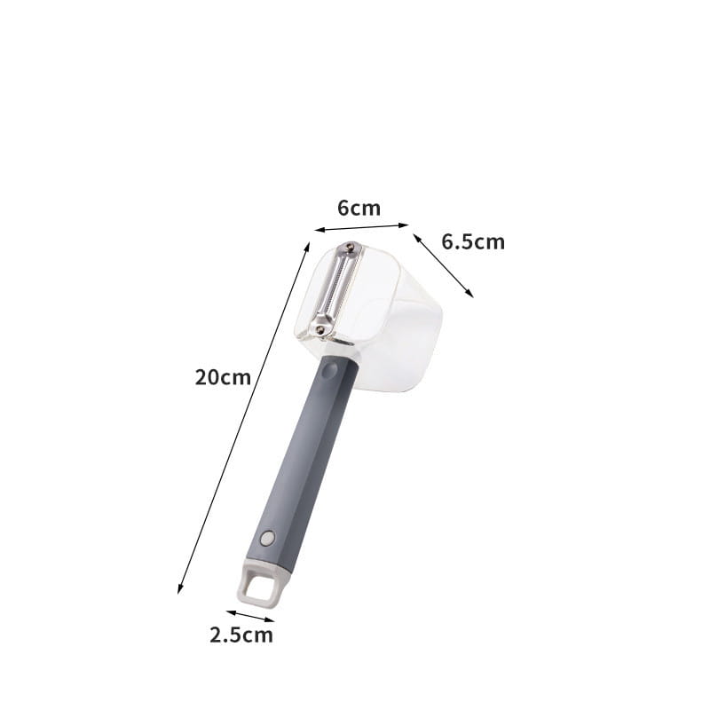 Éplucheur de légumes en acier inoxydable élégant, avec une poignée gris mat de 20 cm et un corps en plastique transparent abritant la lame.
