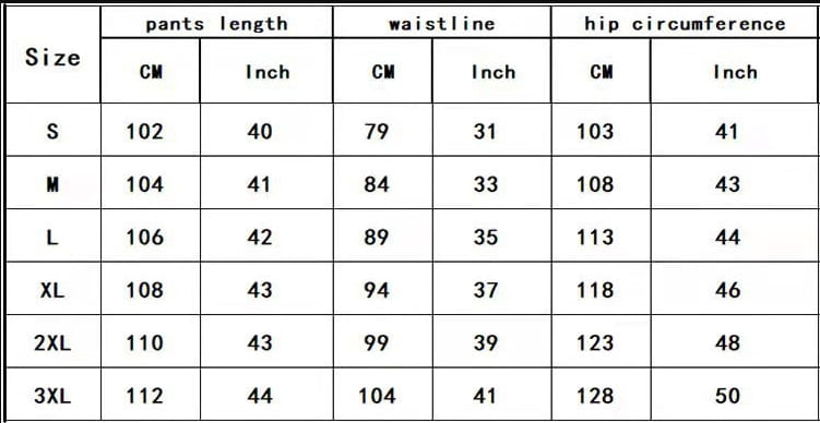 Size chart for men beige linen two piece suit pants with measurements in centimeters and inches for sizes S through 3XL.