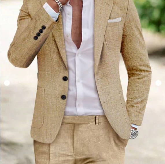 men beige linen two piece suit featuring a beige textured blazer with black buttons