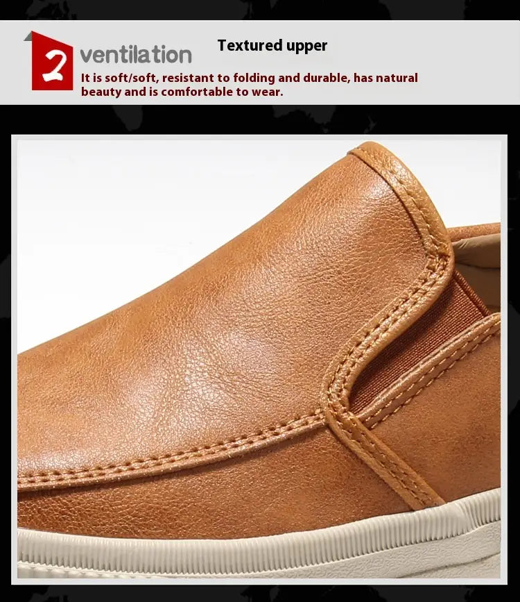Men’s leather slip-on casual fashion sneakers in tan with a textured upper and white rubber sole.
