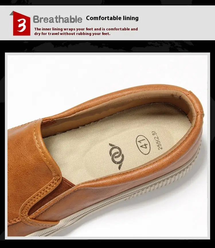 Men’s leather slip-on casual fashion sneaker in tan with a breathable comfortable lining and white rubber sole.