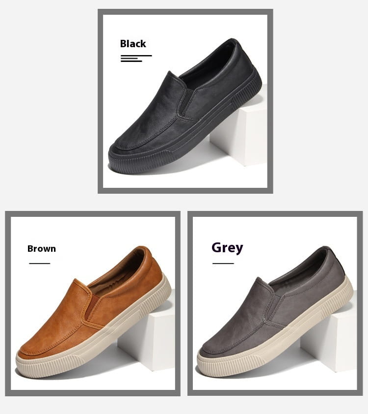 Black leather men’s slip-on casual fashion sneaker with ribbed rubber sole.