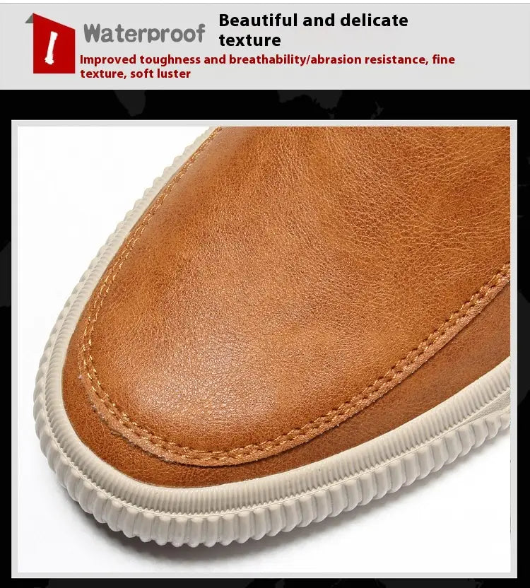Men’s leather slip-on casual fashion sneaker in tan leather with a white ribbed rubber sole and visible stitching.