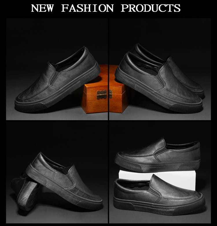 Black leather slip-on loafers with a textured rubber sole designed as men’s casual fashion sneakers.
