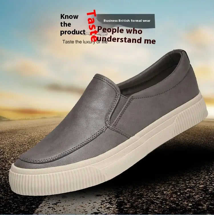 men’s gray leather slip-on casual fashion sneaker with a smooth leather upper and white rubber sole