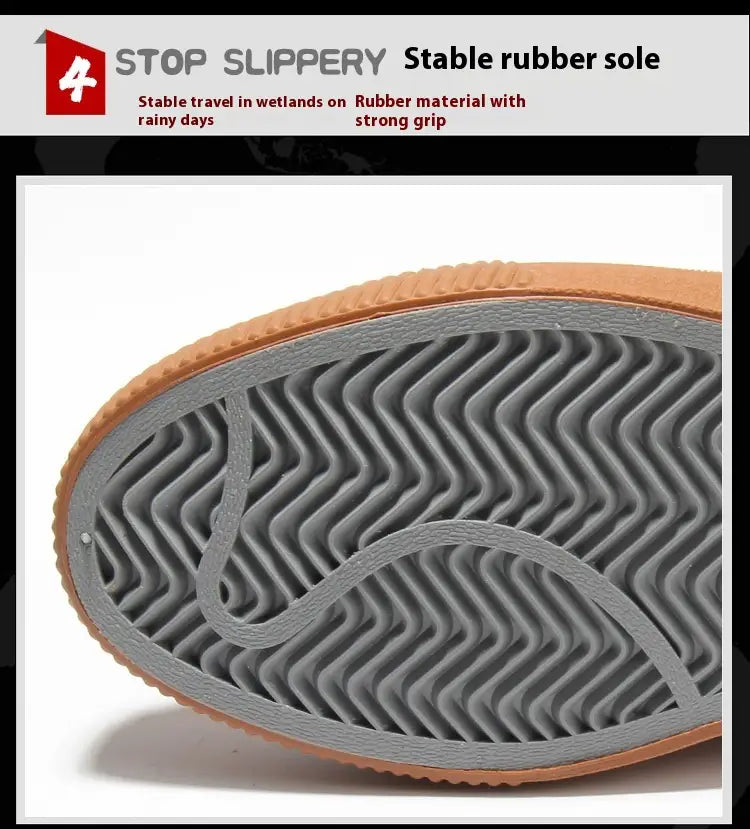 Men’s leather slip-on casual fashion sneakers featuring a gray rubber sole with a wavy zigzag tread pattern and an orange-brown outer edge.