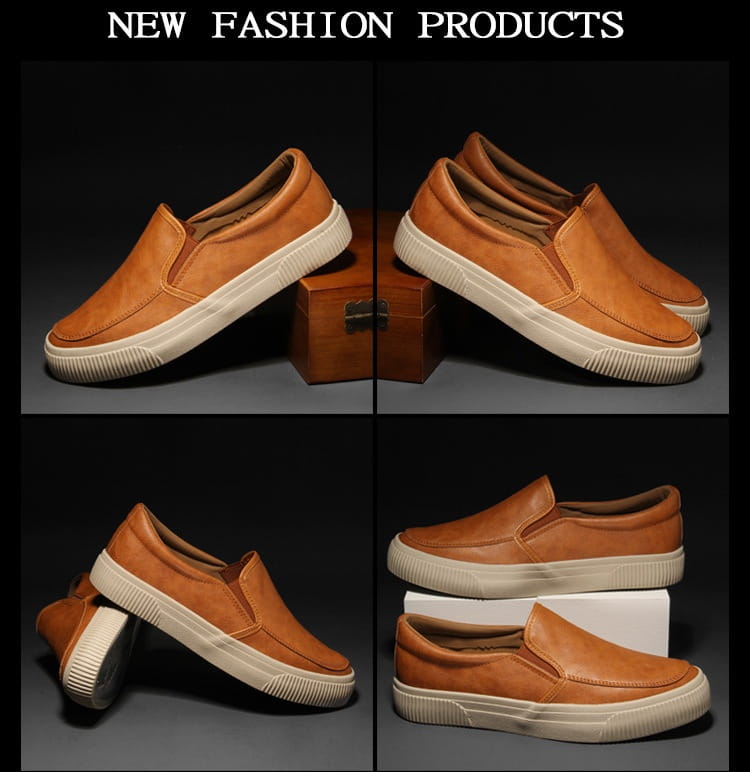 Men’s tan leather slip-on casual fashion sneakers with a white rubber sole.