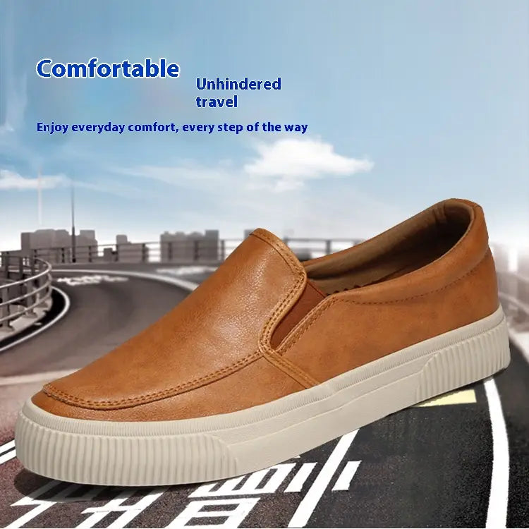 Men’s leather slip-on casual fashion sneaker in tan leather with a white rubber sole.