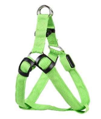 Bright lime green nylon led light up dog harness with black plastic buckles and metal d-rings designed as a glowing reflective pet chest strap.