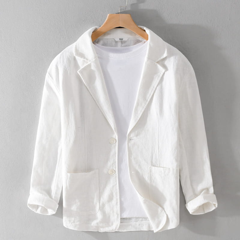Veste blazer décontractée en lin à rayures pour hommes, blanche, coupe ample, dotée de deux poches avant et de fermetures à boutons.