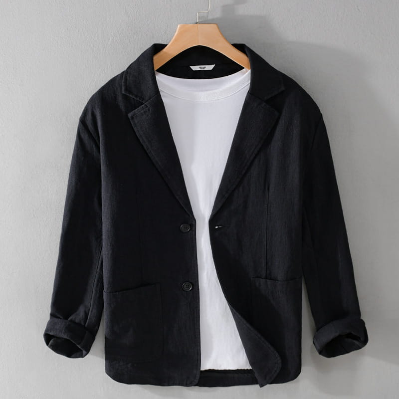 Veste blazer décontractée en lin à rayures pour hommes, noire, coupe ample, deux boutons avant, manches retroussées, pour un style décontracté élégant.