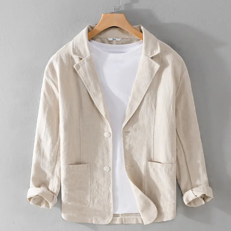 Veste blazer décontractée en lin à rayures pour hommes, beige, coupe ample, dotée de deux poches avant et de fermetures à boutons.