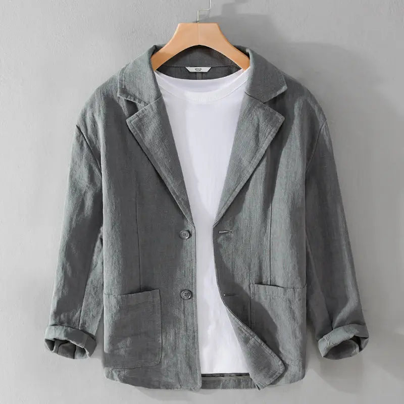 Veste blazer décontractée en lin à rayures pour hommes, grise, coupe ample, dotée de deux poches avant et de fermetures à boutons
