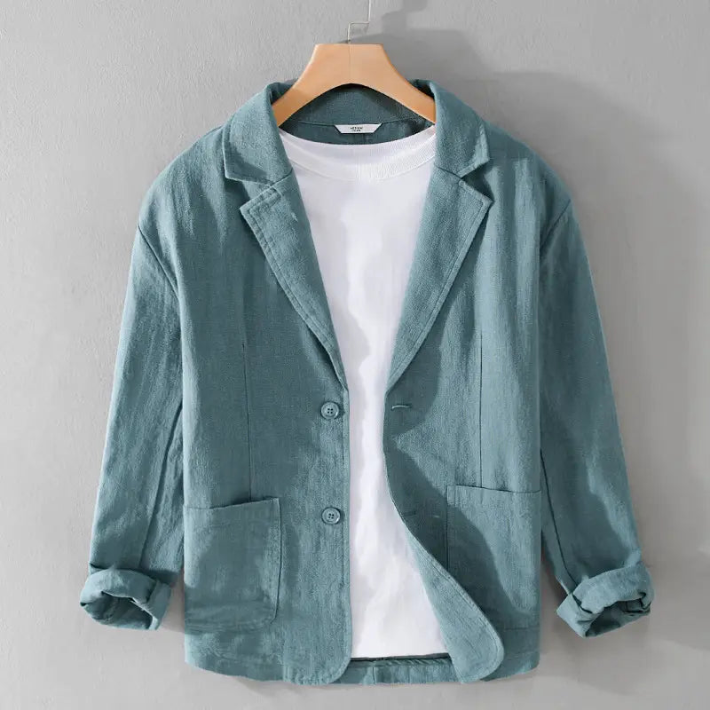 Veste blazer décontractée en lin à rayures pour hommes, couleur teal, manches retroussées, deux poches avant, conçue pour un look élégant et confortable.