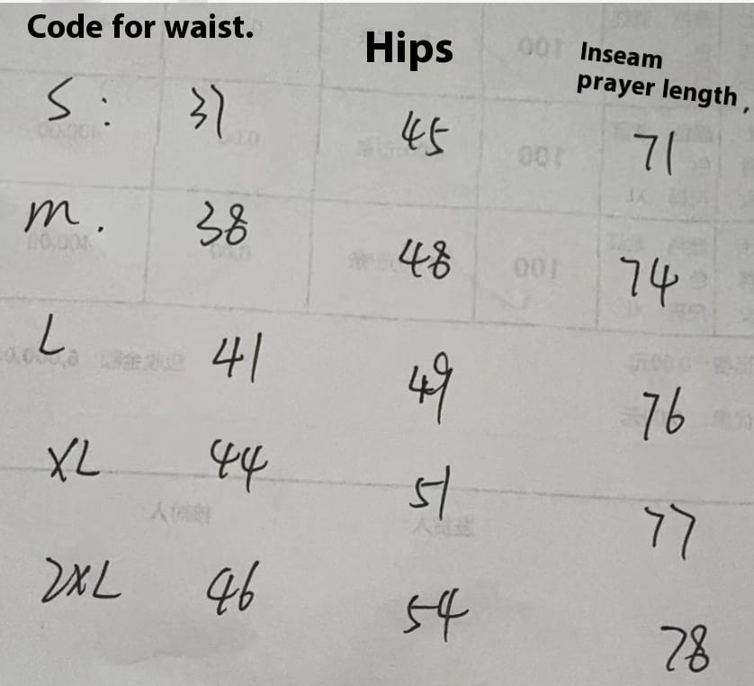 A handwritten size chart displaying measurements in centimeters for men’s stretch golf jogger pants slim fit trousers in sizes s through 2xl.