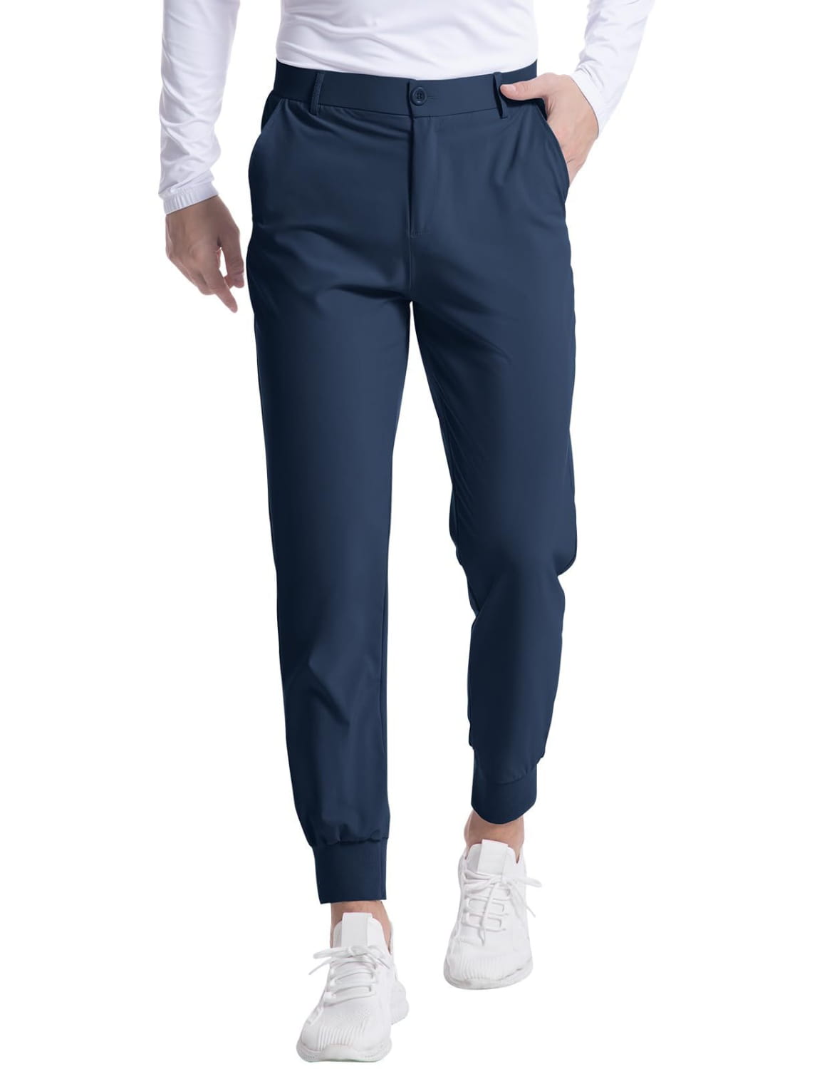 Men’s navy blue slim fit stretch golf jogger pants with tapered legs and elastic cuffs designed for modern athletic wear.