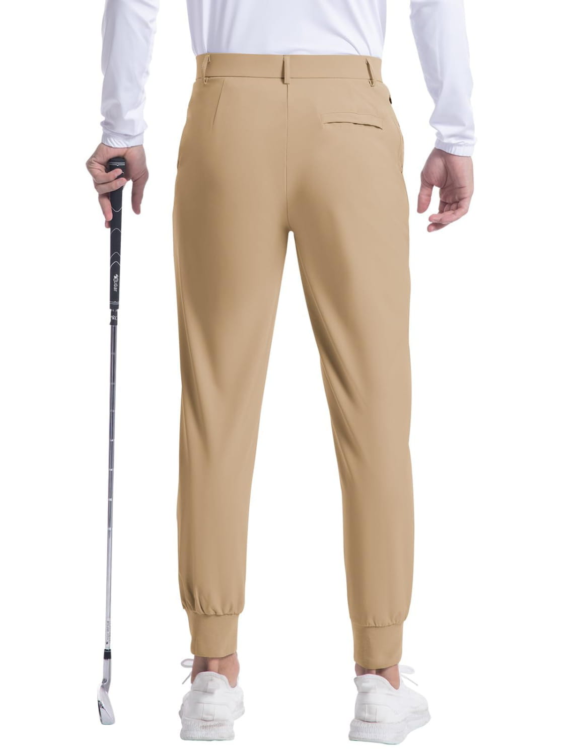 Men’s stretch golf jogger pants slim fit trousers in beige with a tapered modern fit and subtle side pockets.