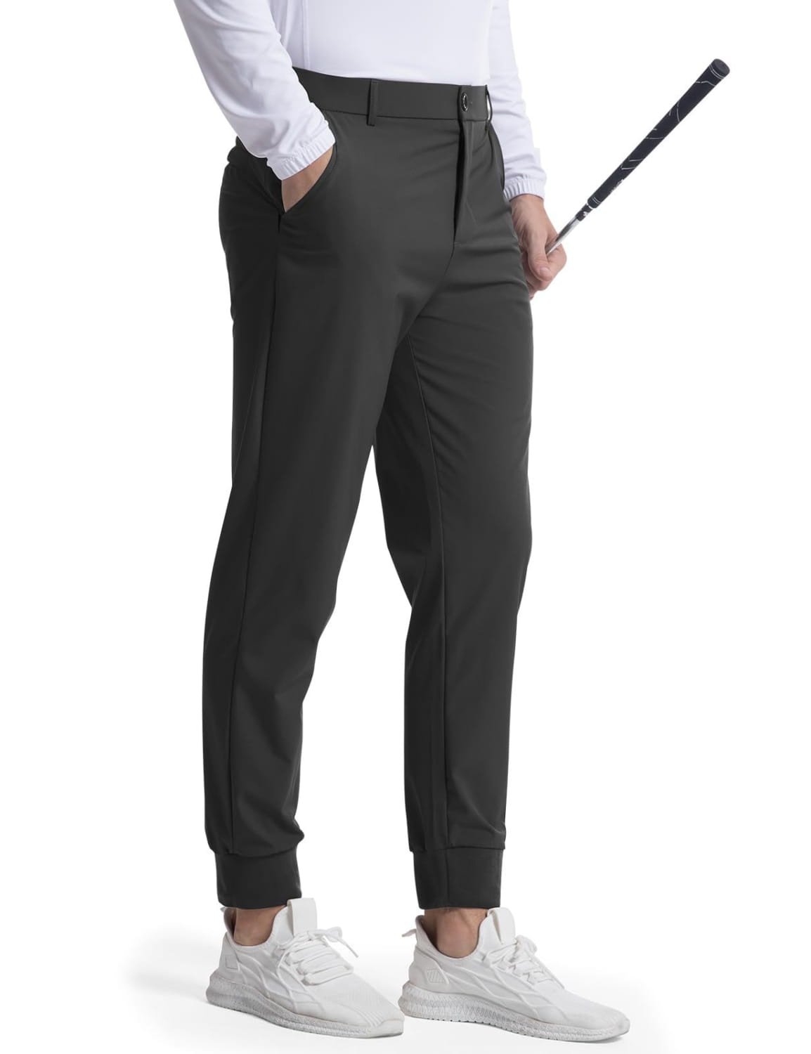 Men’s stretch golf jogger pants in dark gray slim fit with a tailored waistband and cuffed ankles ideal for comfortable play.