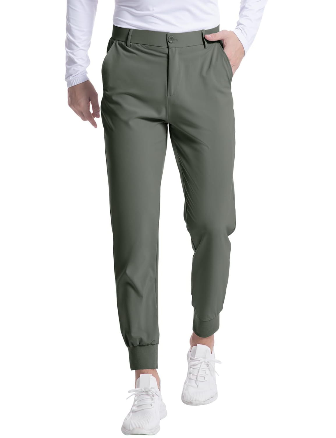 Men’s olive green stretch golf jogger pants slim fit with elastic cuffs and button closure designed for comfort and flexibility.