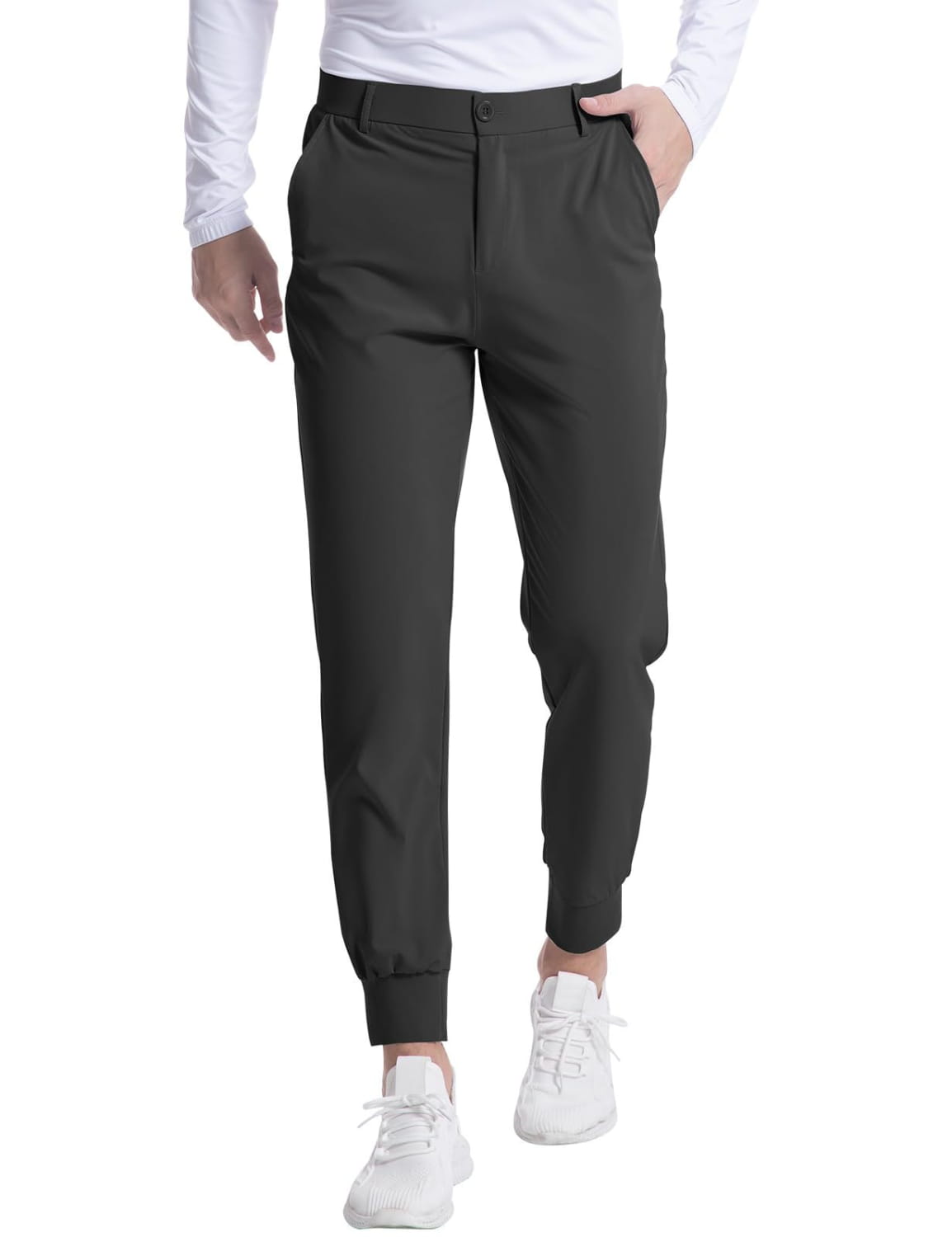 Men’s black stretch slim-fit golf jogger pants with elastic cuffs and concealed button closure.
