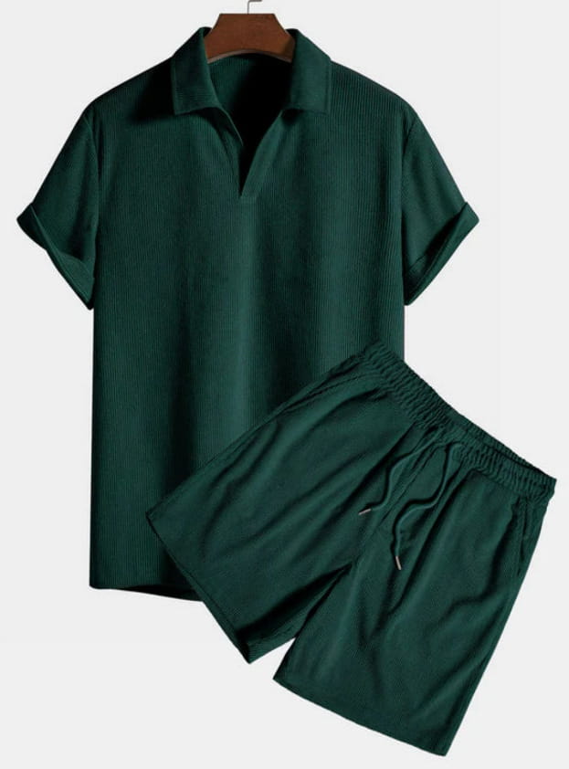 Men corduroy short sleeve polo shirt and matching drawstring shorts set in dark green with textured fabric.