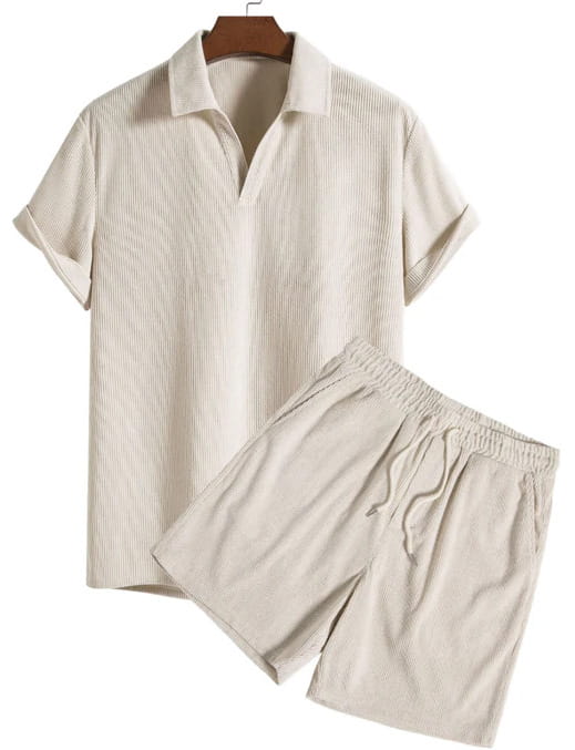 Beige ribbed cotton men corduroy short sleeve polo shirt and matching drawstring shorts set shown from the front.