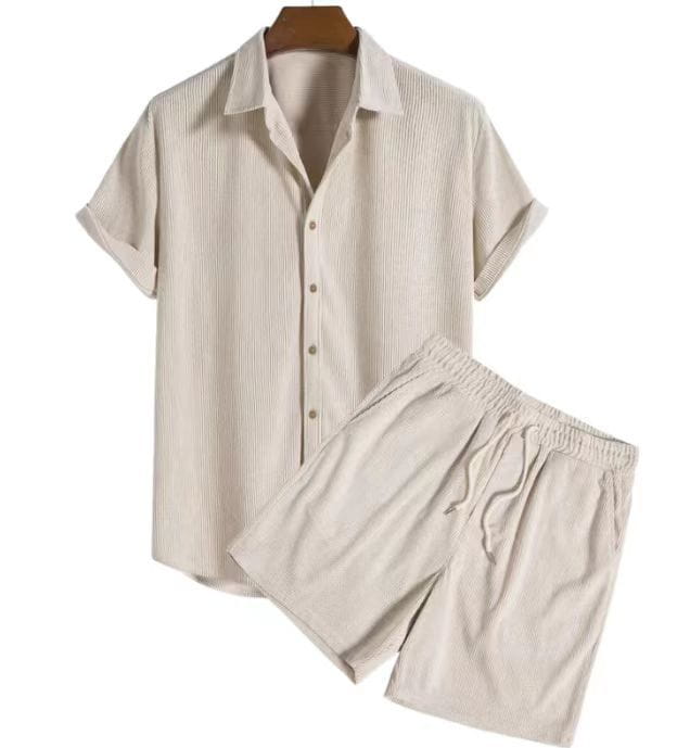 Beige corduroy short sleeve polo shirt and matching shorts set for men featuring button-up front.