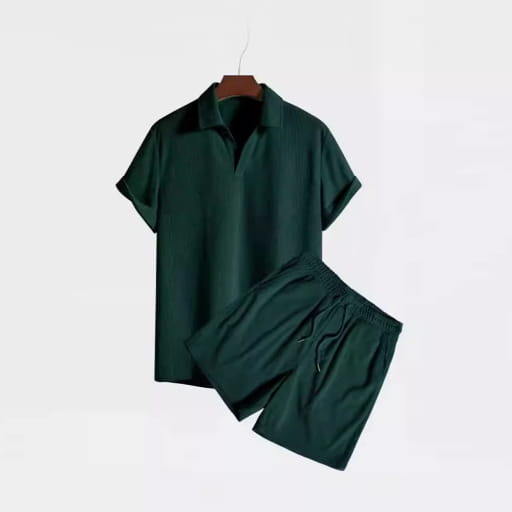 dark green corduroy short sleeve polo shirt and matching shorts set for men displayed from the front