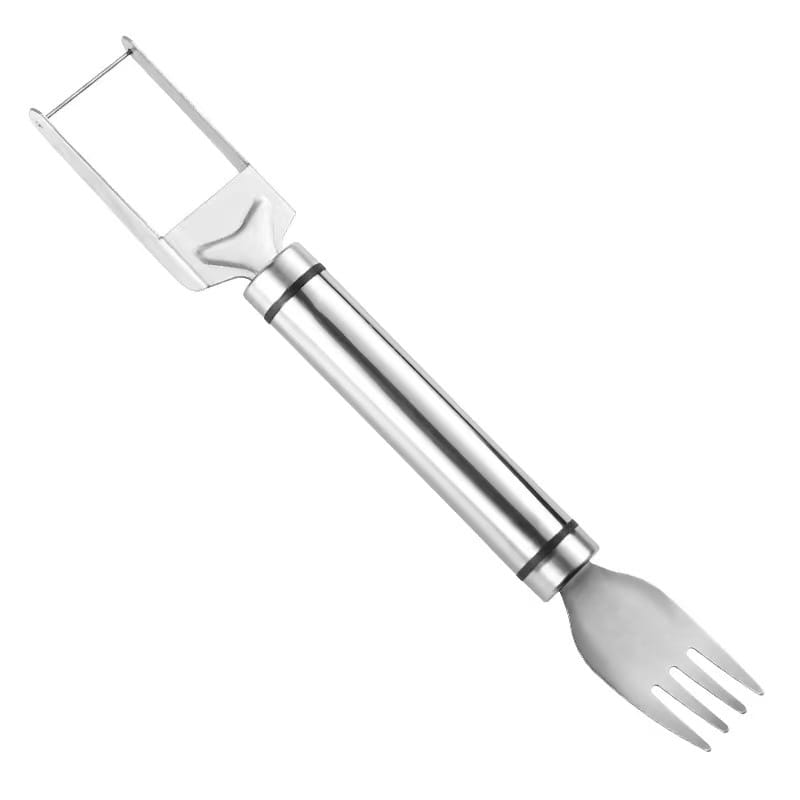 Fourchette multifonction de découpage de pastèque en acier inoxydable, comprenant un accessoire éplucheur et un embout à fourche pour une découpe et un service faciles.
