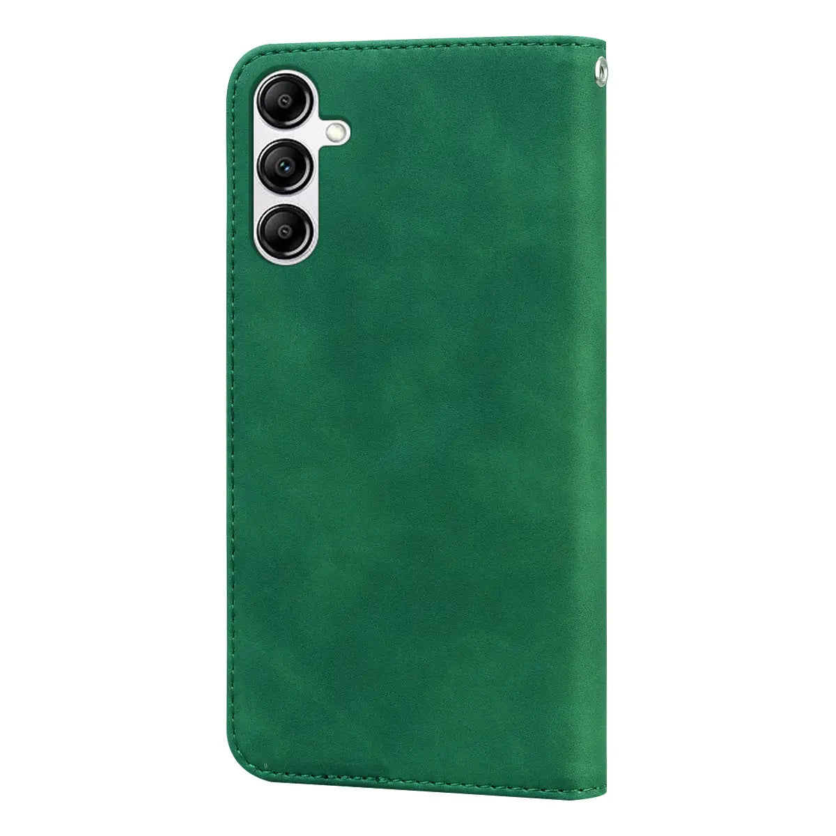 Green leather wallet phone case with magnetic card slot and silver camera cutout shown from the back side made of faux leather.
