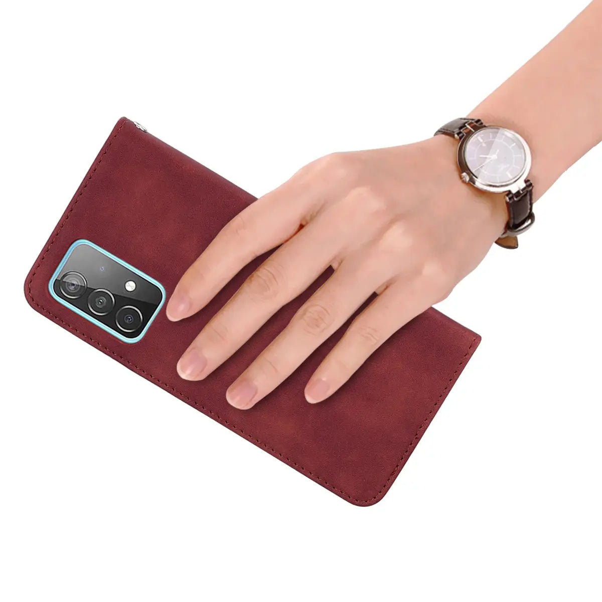 Maroon faux leather leather wallet phone case with magnetic card slot showing the back side with a subtle stitched edge and light blue camera cutout.