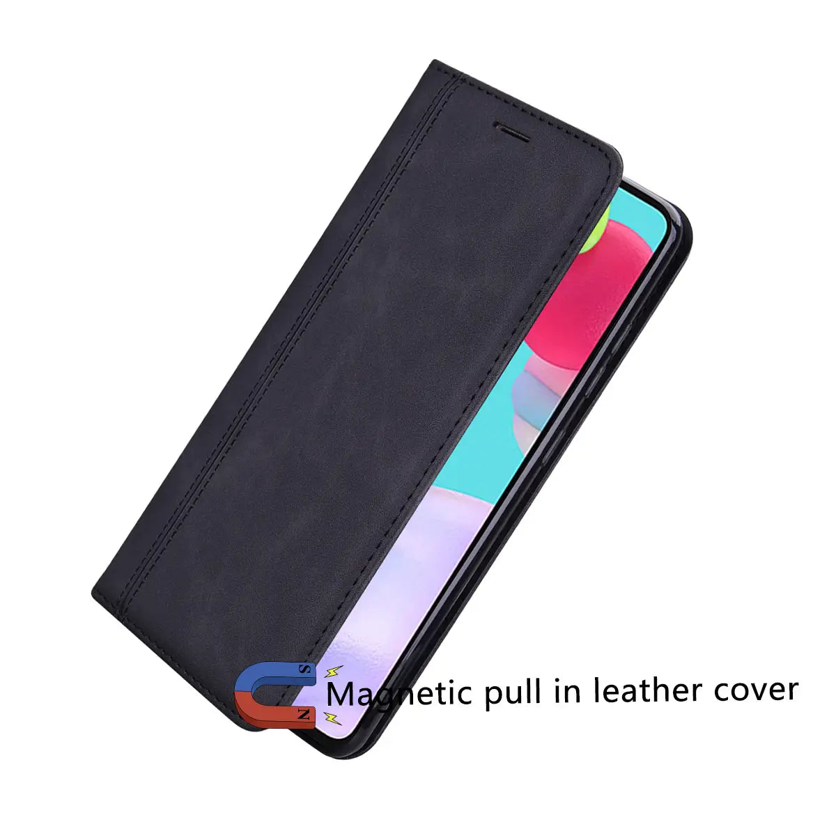 black leather wallet phone case with magnetic card slot featuring stitched edges and a minimalist design shown from the back side