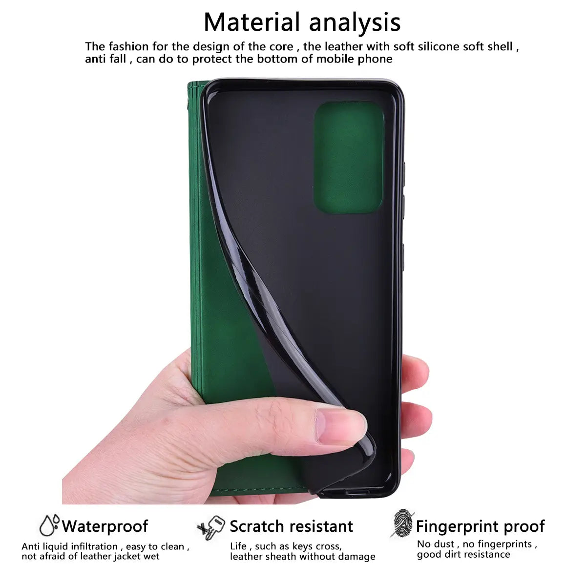 Green leather wallet phone case with magnetic card slot and soft silicone shell shown from the back side.