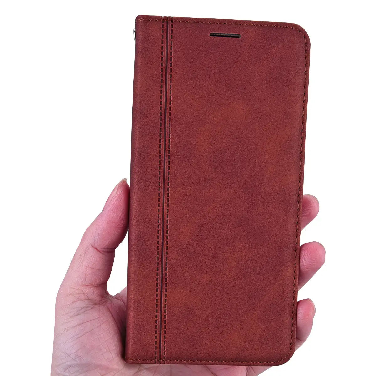 brown leather wallet phone case with magnetic card slot featuring stitched edges and a vertical seam shown from the back side
